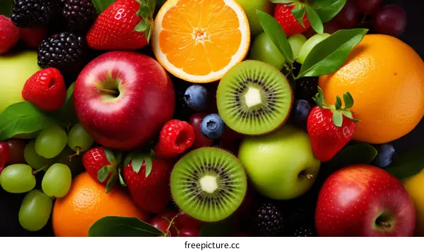 A variety of fresh fruits (apples, oranges, grapes, and kiwi)