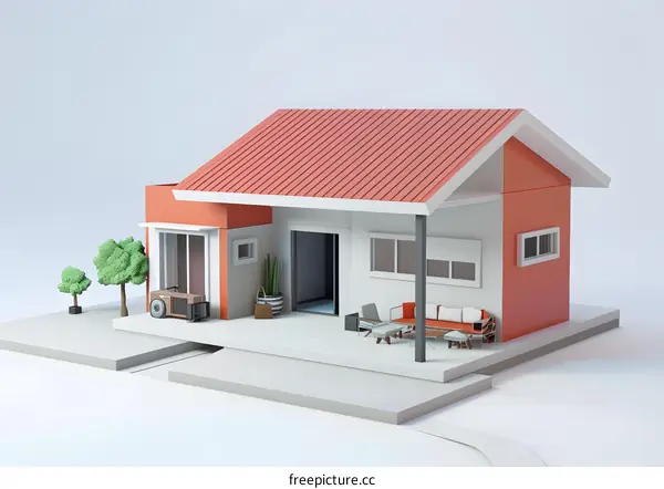 3D Minimalist House Model with Red Roof and White Walls