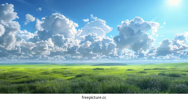 Breathtaking Green Meadow with Blue Skies and White Clouds