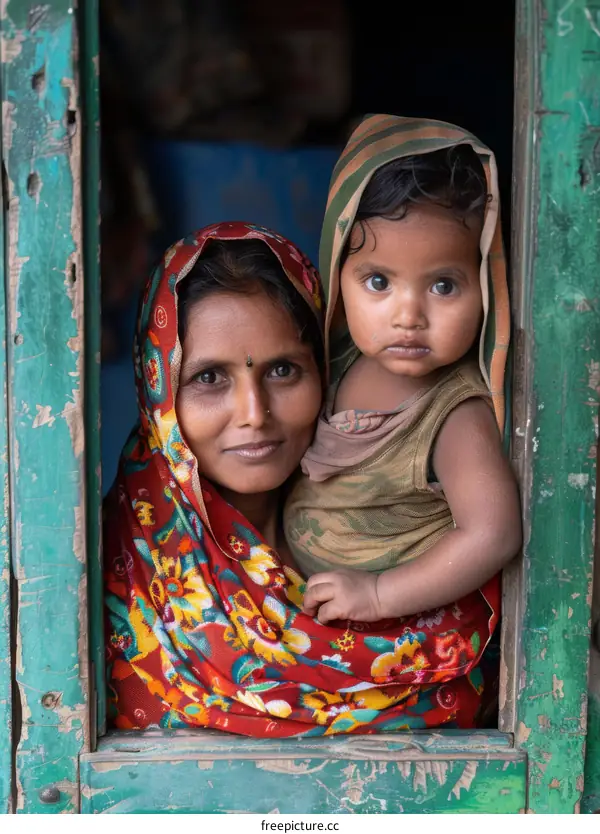 A woman and her child look out of a window