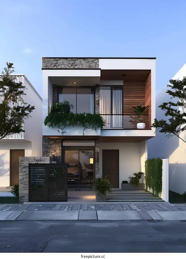 Modern Two Story House With Stone And Wood Exterior