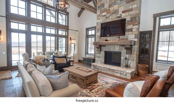 Modern living room with a fireplace and large windows