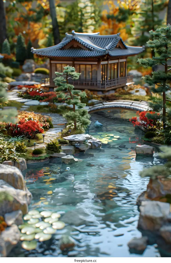 Miniature Japanese garden with a pond and a pavilion