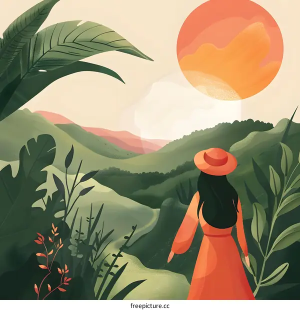 Woman in Red Dress Looking at Mountain Landscape