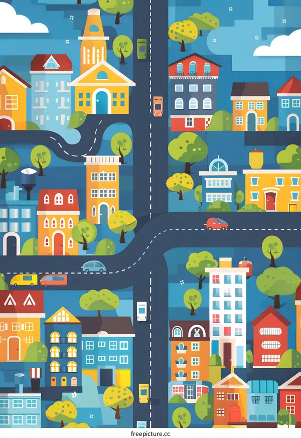 Top View Illustration of a Cityscape with Buildings, Roads and Trees