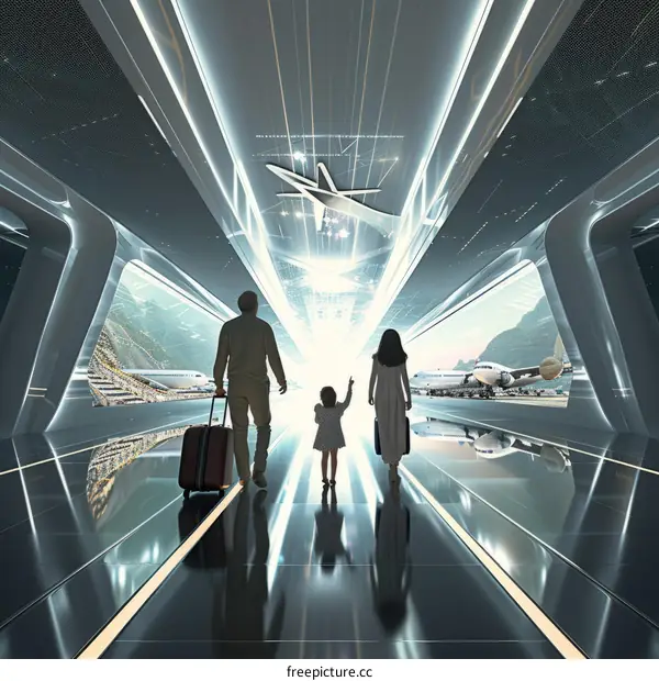 family walking through the airport terminal