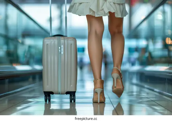 Woman in high heels walking through the airport with her suitcase