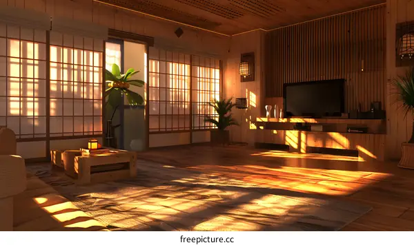 Japanese Style Living Room Interior Design with Wooden Floors