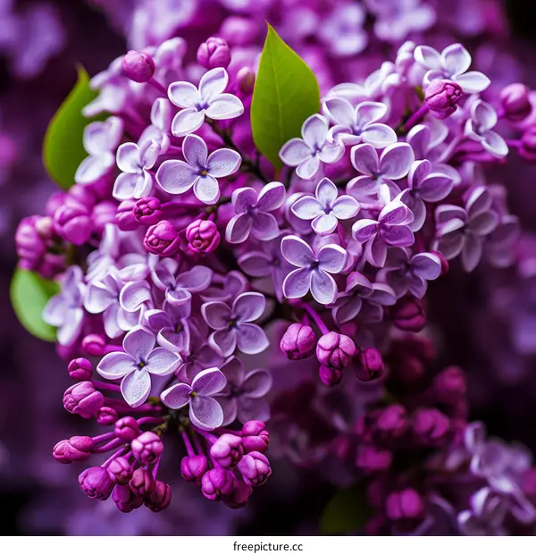 A close-up image of a cluster of purple lilacs with green leaves.