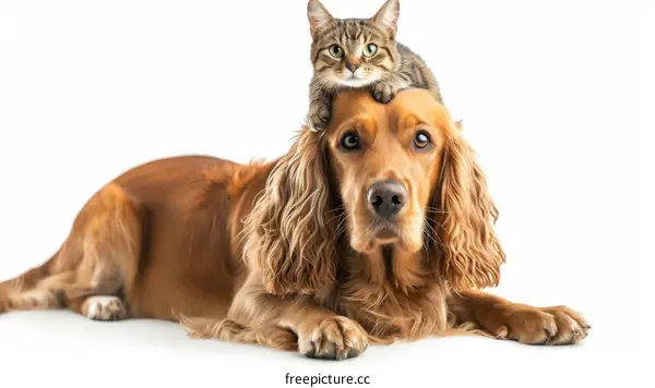 A brown cocker spaniel dog with a tabby cat on its head
