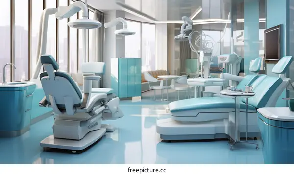 The interior of a modern dental clinic with two chairs and a variety of equipment