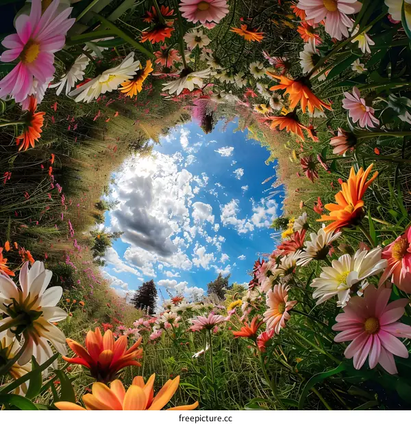 Colorful Flowers Looking Up at the Blue Sky