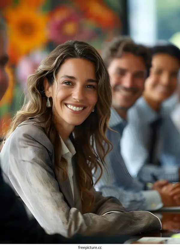 Portrait of a smiling businesswoman with her colleagues in the background