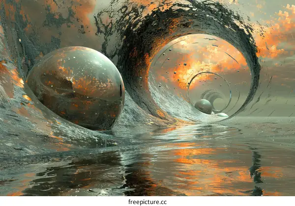 Spheres Suspended in a Dreamlike Landscape with Stormy Skies