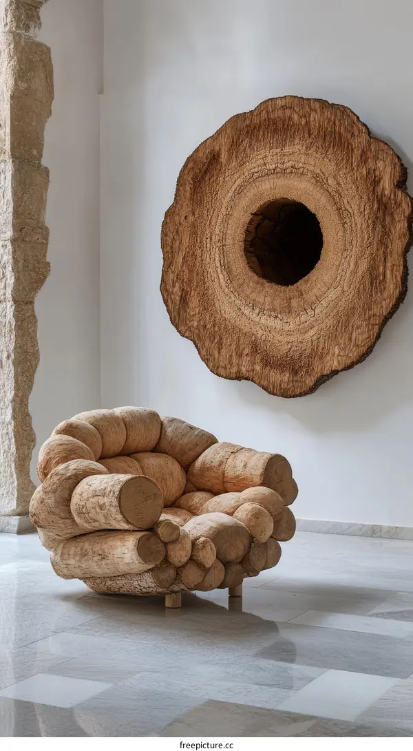 Unique Wooden Chair and Tree Slice Art