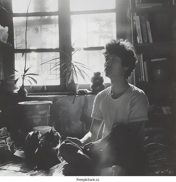 A young man is sitting on the floor with a cat next to him. He is looking out the window.