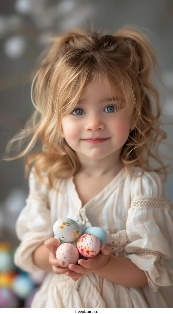 Portrait of cute blonde toddler girl holding decorated Easter eggs