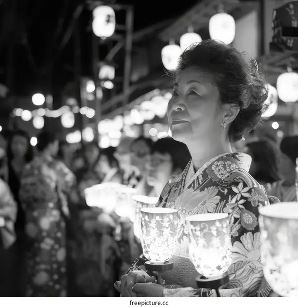 A Japanese woman wearing a kimono and holding a lantern