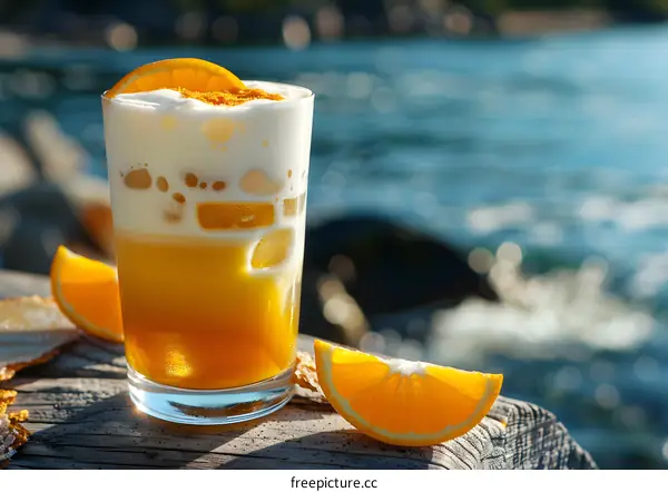 Orange cocktail with orange slices on a wooden table with blurred ocean in the background