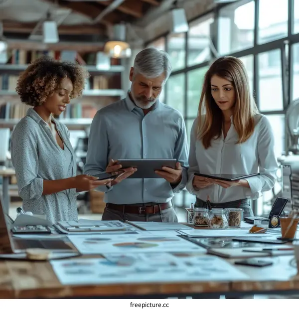 Three people in a business meeting looking at a tablet