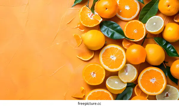 Fresh Oranges and Lemons on Orange Background