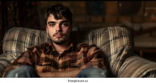 Young Man Sitting in a Chair with Plaid Shirt