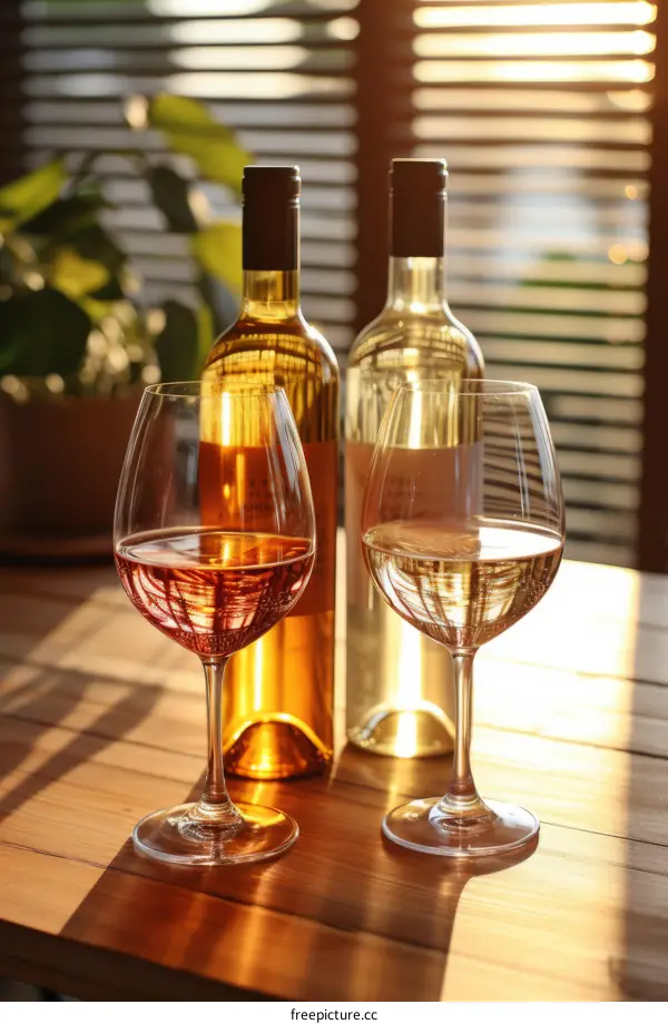 Two glasses and two bottles of wine on a wooden table near the window