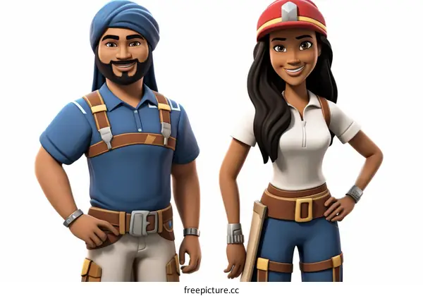 An illustration of two construction workers, one wearing a turban and the other wearing a hard hat.