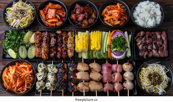 Assortment of Korean barbecue skewers and side dishes