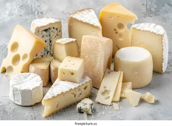Various Types of Cheese on a Gray Background