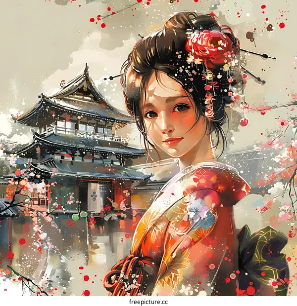 A beautiful Japanese woman in a kimono standing in front of a traditional Japanese house.