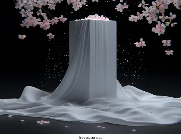 Minimalist 3D Rendering of a White Column Covered in White Fabric with Falling Cherry Blossoms