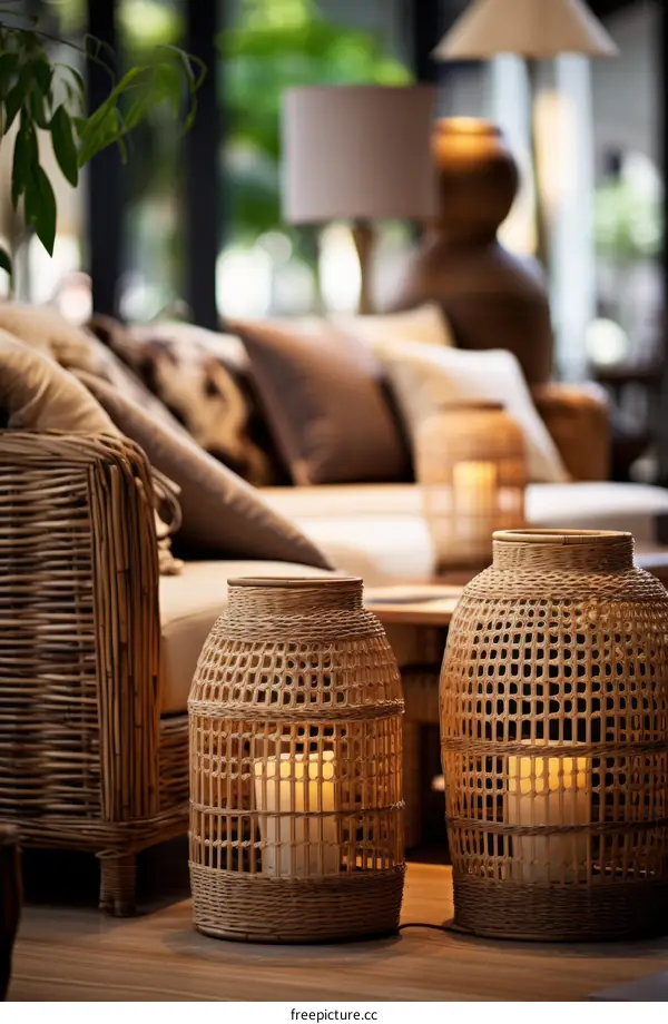 Two Decorative Wicker Lanterns with Candles on a Wooden Floor