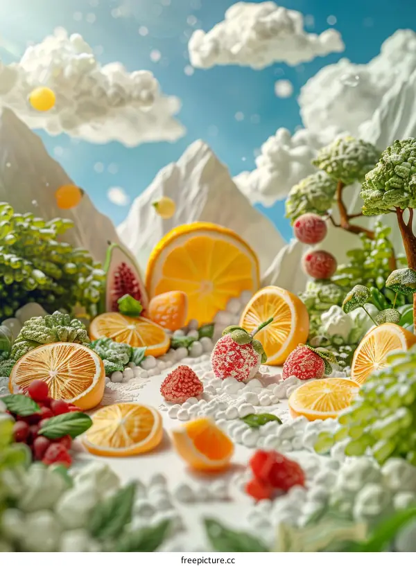 Surreal winter wonderland of frosted fruit