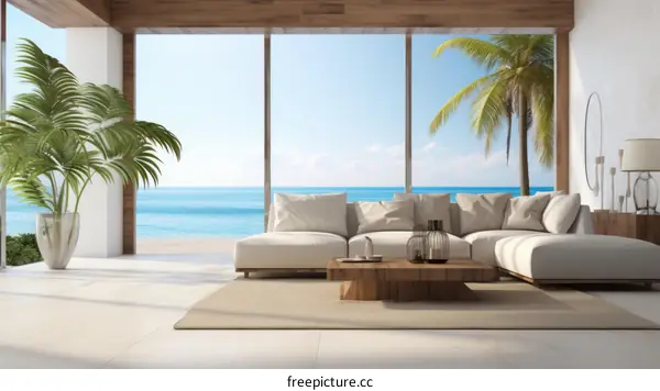 Modern Coastal Living Room Interior with Sofa and Ocean View