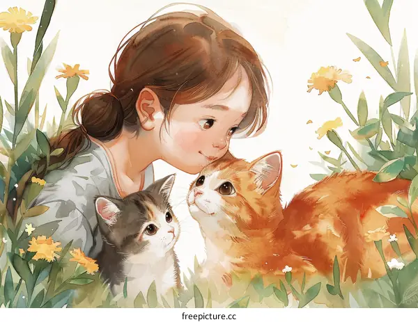 Little Girl with Two Cats in a Field of Flowers