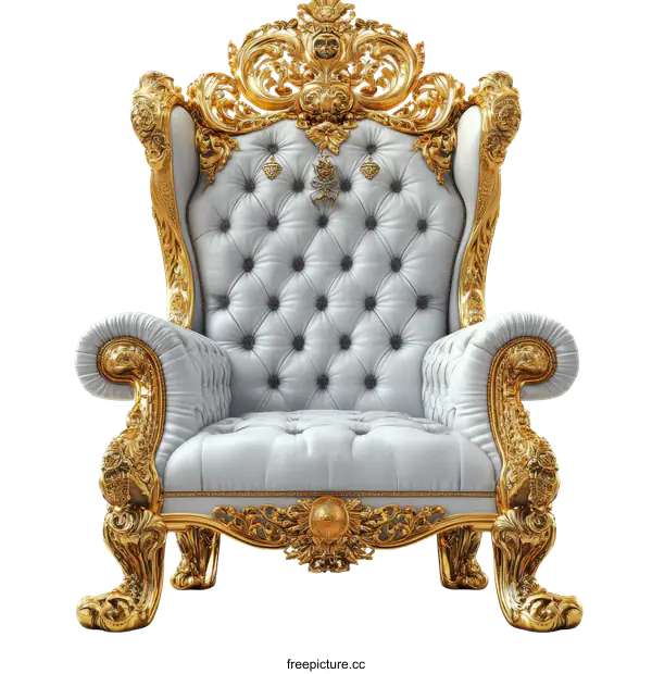 [Transparent Background PNG]Ornate Gold-Framed White Leather Throne Chair