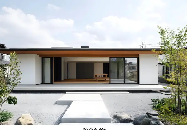 Modern Minimalist Japanese House Design with Wooden Deck and Gravel Garden