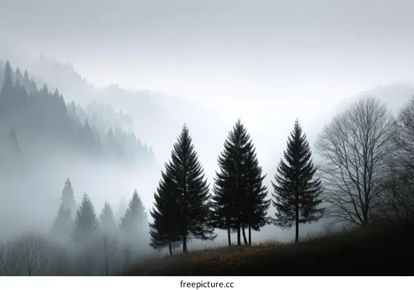 Misty Mountain Forest Scene with Silhouettes of Trees