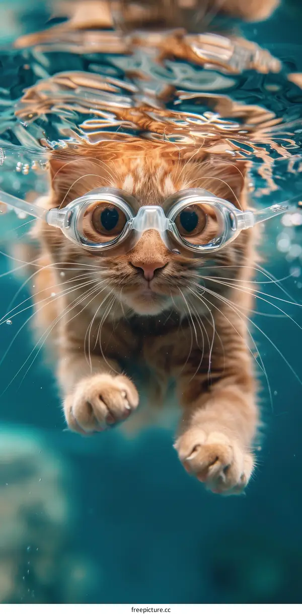 Orange Cat Wearing Goggles While Swimming Underwater