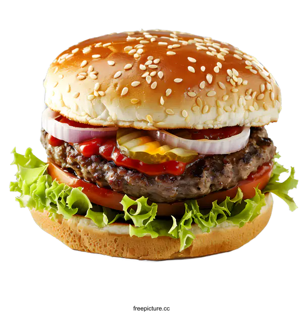 [Transparent Background PNG]Closeup of a Freshly Made Cheeseburger with Lettuce, Tomato, Onion and Pickles