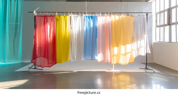 Colorful Fabric Hanging On A Stand In A Studio
