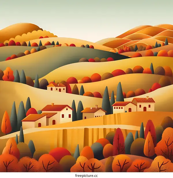 Autumn Landscape with Houses and Rolling Hills