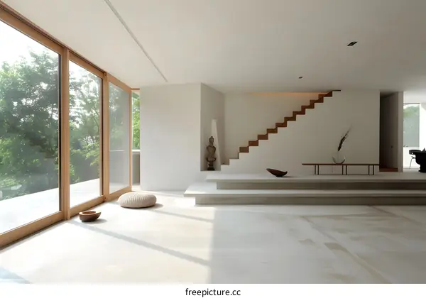Modern Minimalist Home Interior Design with Wooden Stairs and Natural Light