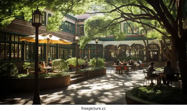 Courtyard with people sitting at tables under trees