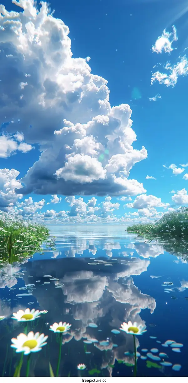 Blue sky and white clouds reflecting on the lake