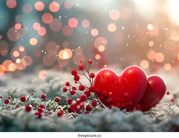 Two red hearts on the snow
