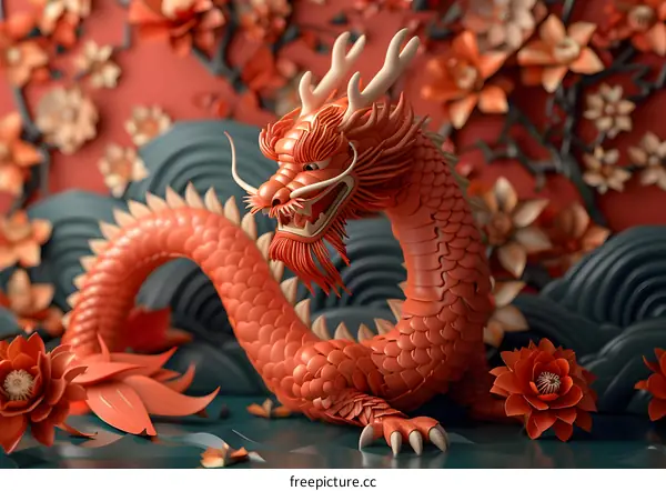 3D rendering of a red dragon with peach blossom and lotus flowers