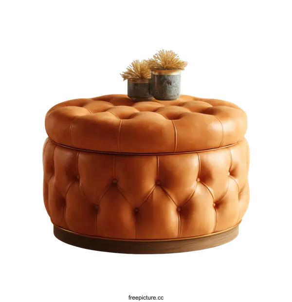 [Transparent Background PNG]Classic Round Leather Ottoman with Decorative Vases