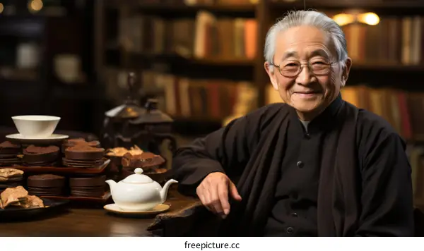 Portrait of a smiling elderly man in a library